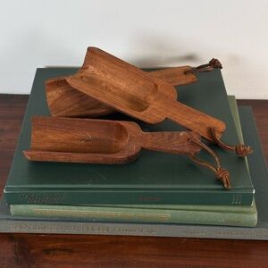 Vintage Antique Wooden Scoops Hand Carved with Leather Strap Trio Set of 3
